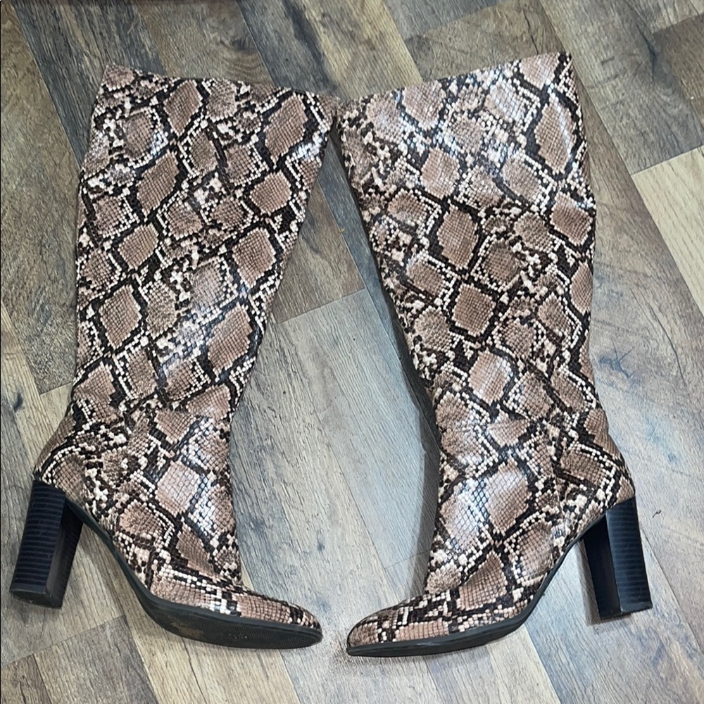 a new day Brown and Black Heeled Boots with Snakeskin Print